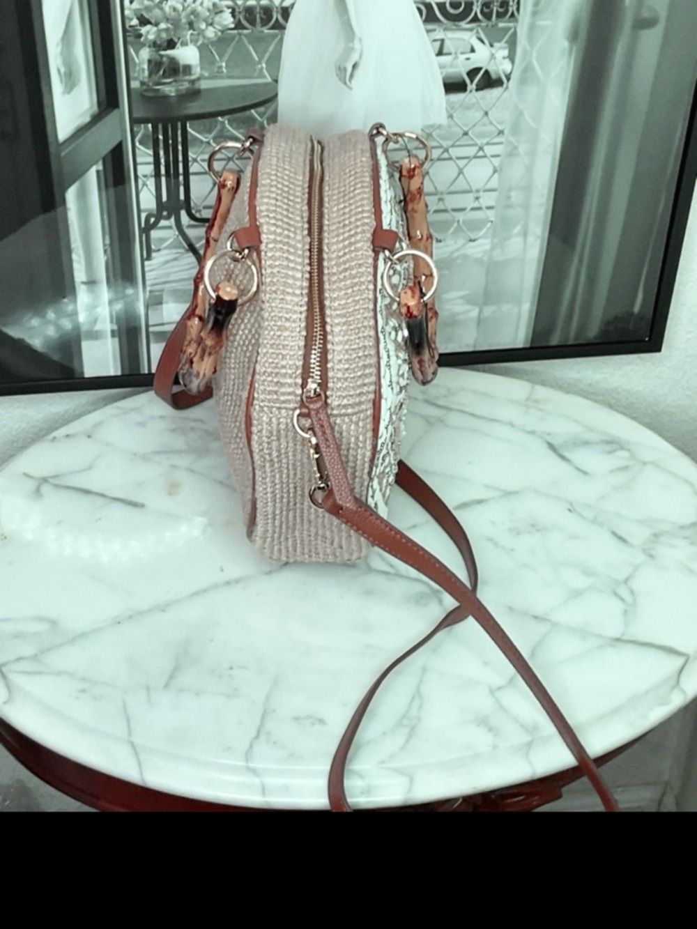 Chico's Round Woven Crossbody Bag in Natural and White with Brown Trim - Picture 5 of 8